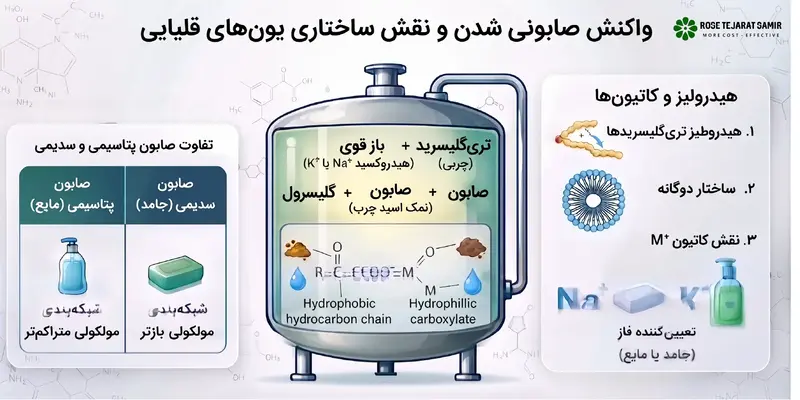 تفاوت ساختاری صابونهای پتاسیمی (مایع) و سدیمی (جامد)؛ چرا هیدروکسید پتاسیم پایه صابونهای نرم است؟ واکنش صابونی شدن و نقش ساختاری یونهای قلیایی
